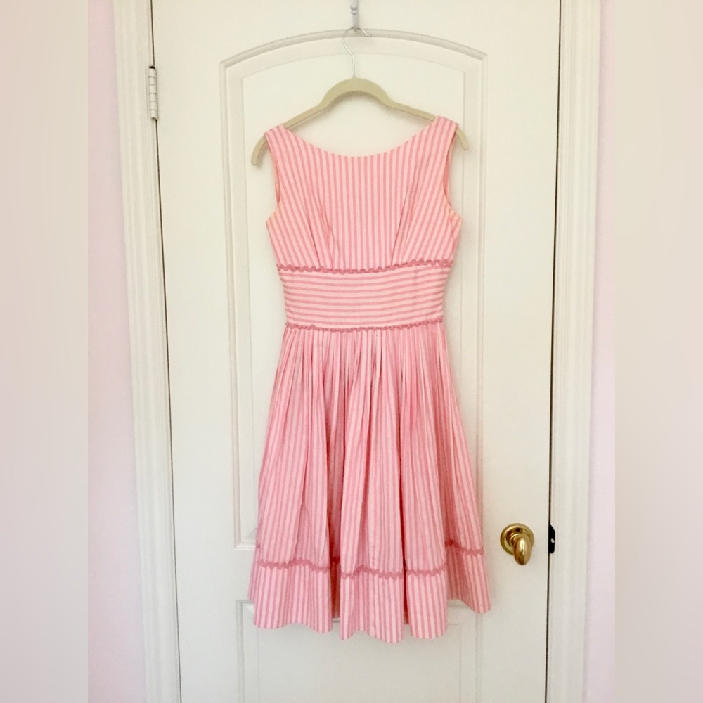 Authentic Vintage 1950’s Pink Pinstripe Fit and Flare Summer Sun Dress Dress- XS